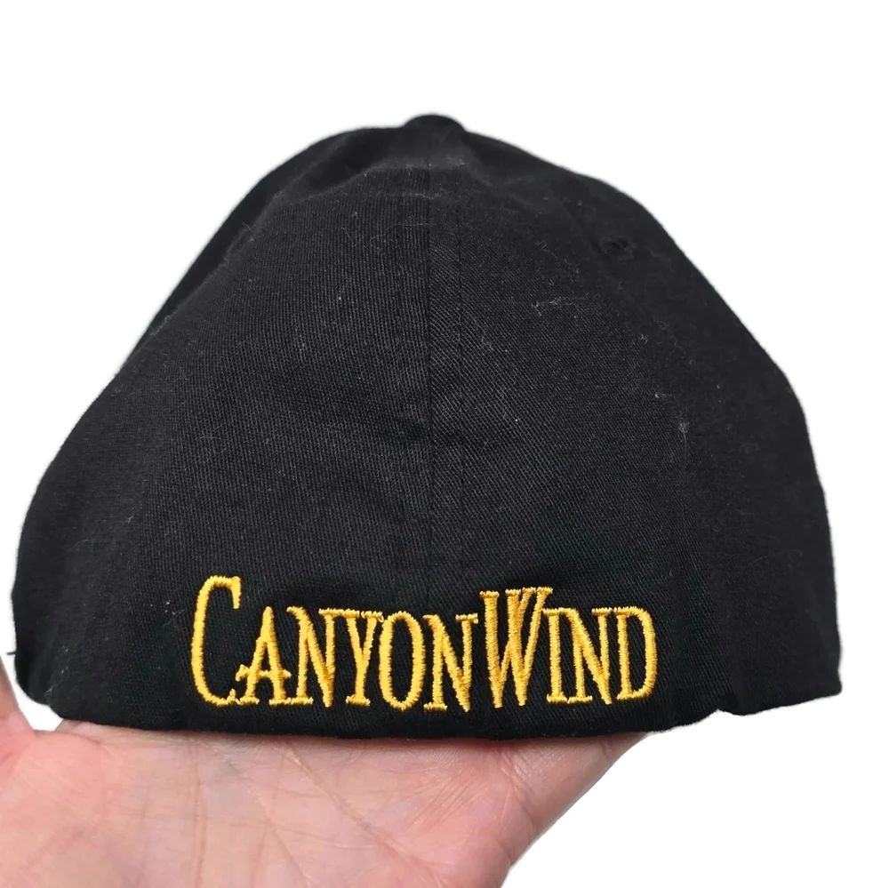 Canyon Wind Embroidered Flexfit Hat Cap Black Gold Large - XLarge
